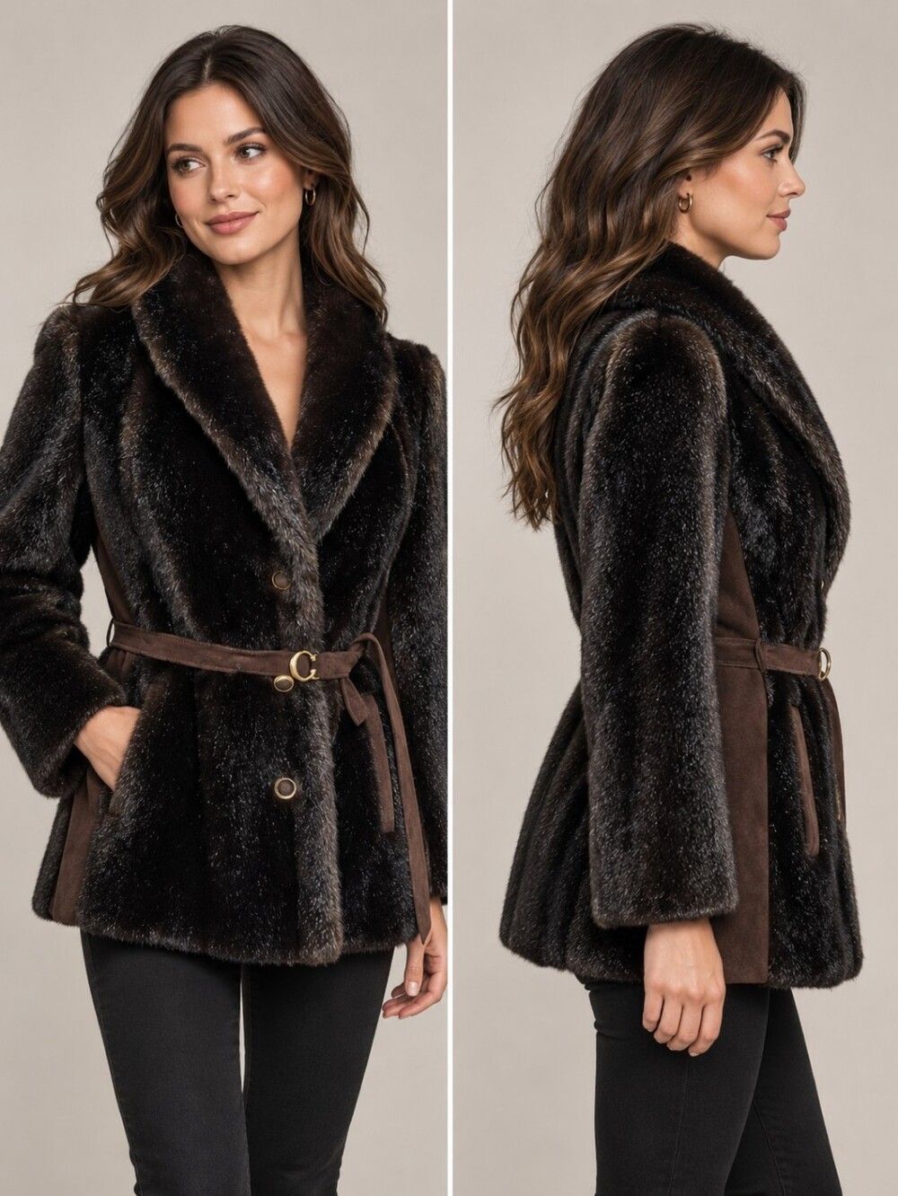 EUC Vintage leather faux fur coat Sears Fashions Tissavel France, brown, M